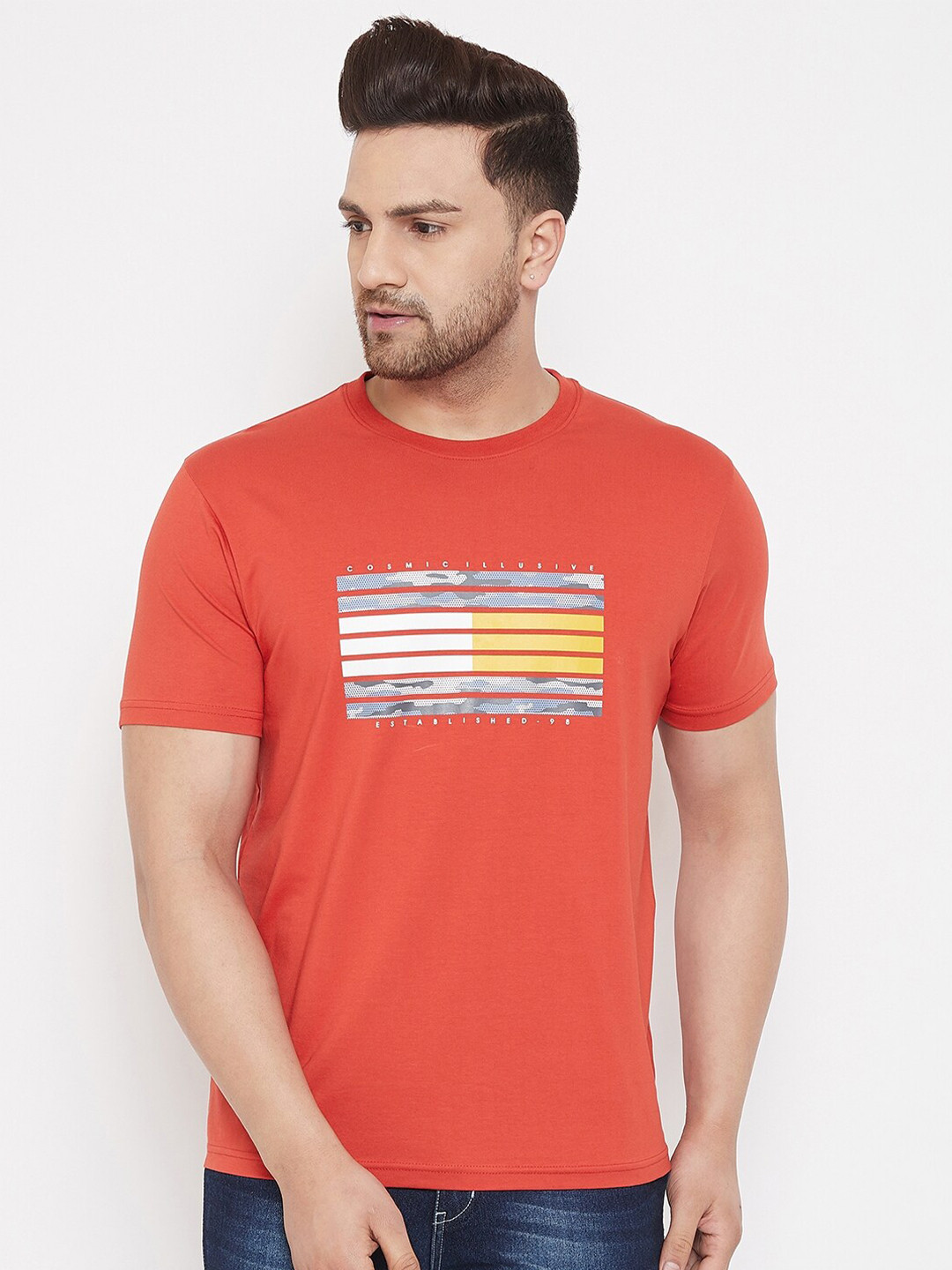 

98 Degree North Men Orange Striped Round Neck T-shirt
