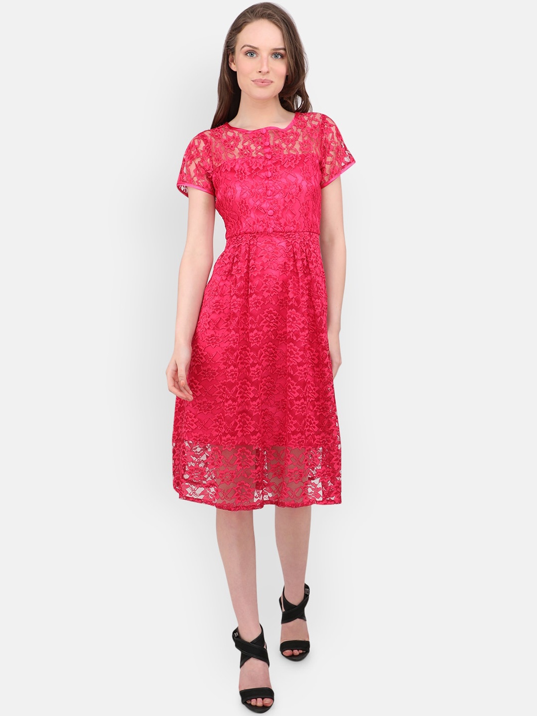 

MARC LOUIS Women Fuchsia Pink Self Design Fit and Flare Dress