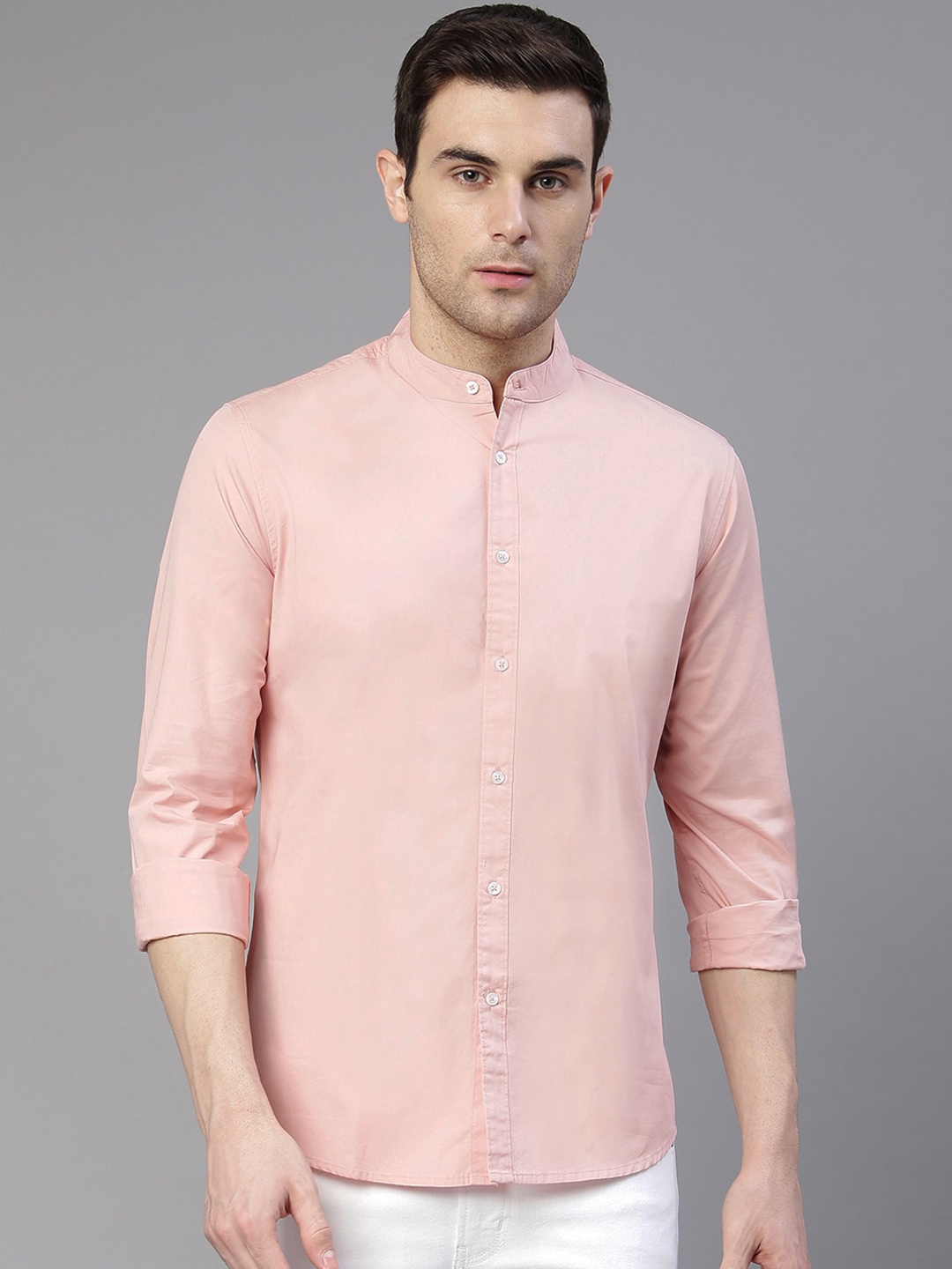 Dennis Lingo Men Peach-Coloured Slim Fit Solid Cotton Casual Shirt