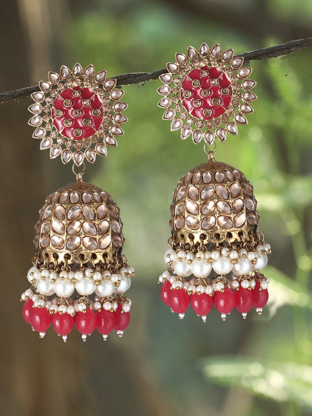 

Adwitiya Collection Gold-Toned & Red Contemporary Jhumkas