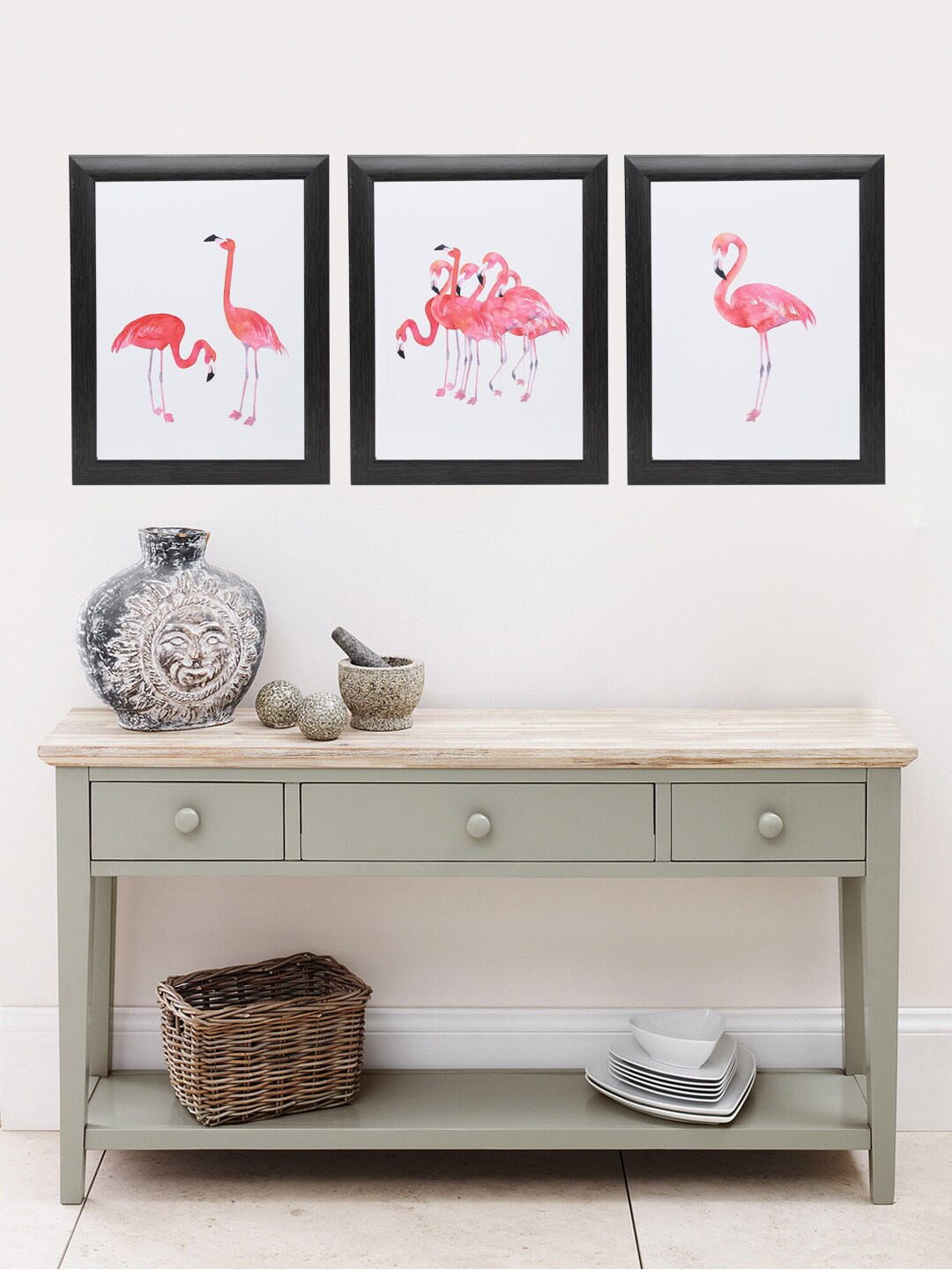 Indianara Set Of 3 White & Pink Flamingo Framed Wall Arts