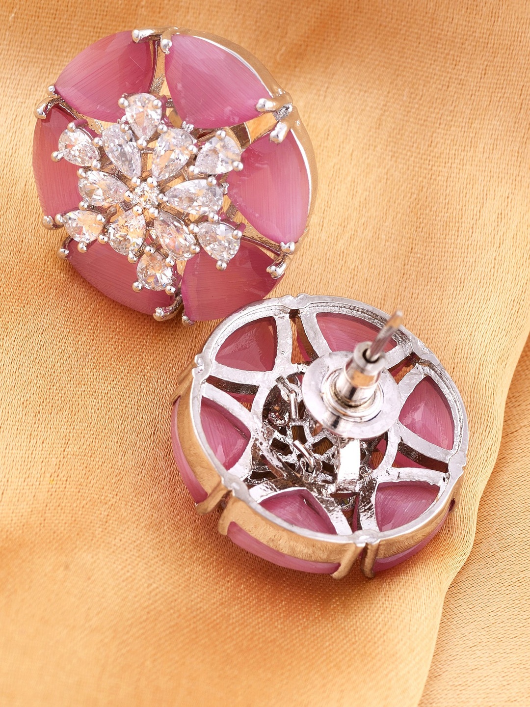 

Saraf RS Jewellery Pink & Silver-Toned Rhodium-Plated Handcrafted Circular AD Studs