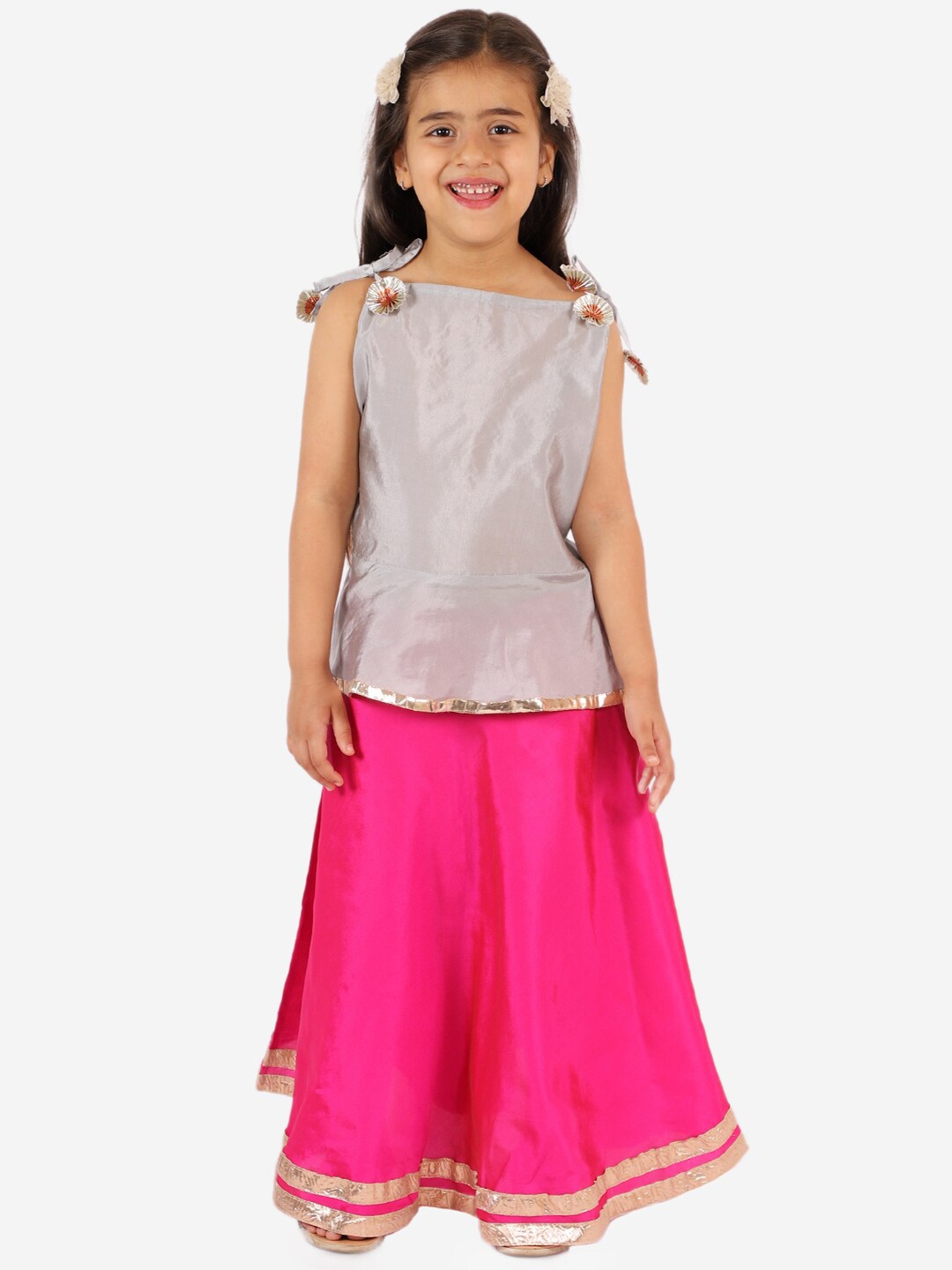 

Chipbeys Grey & Pink Ready to Wear Flower Solid Lehenga With Kurti