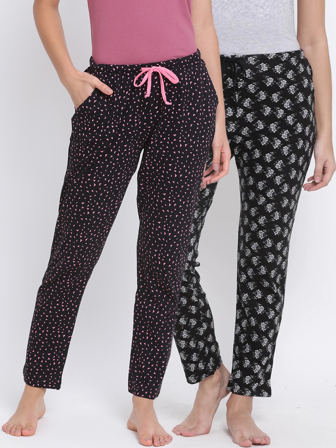 

Kanvin Women Pack Of 2 Printed Cotton Lounge Pants, Black