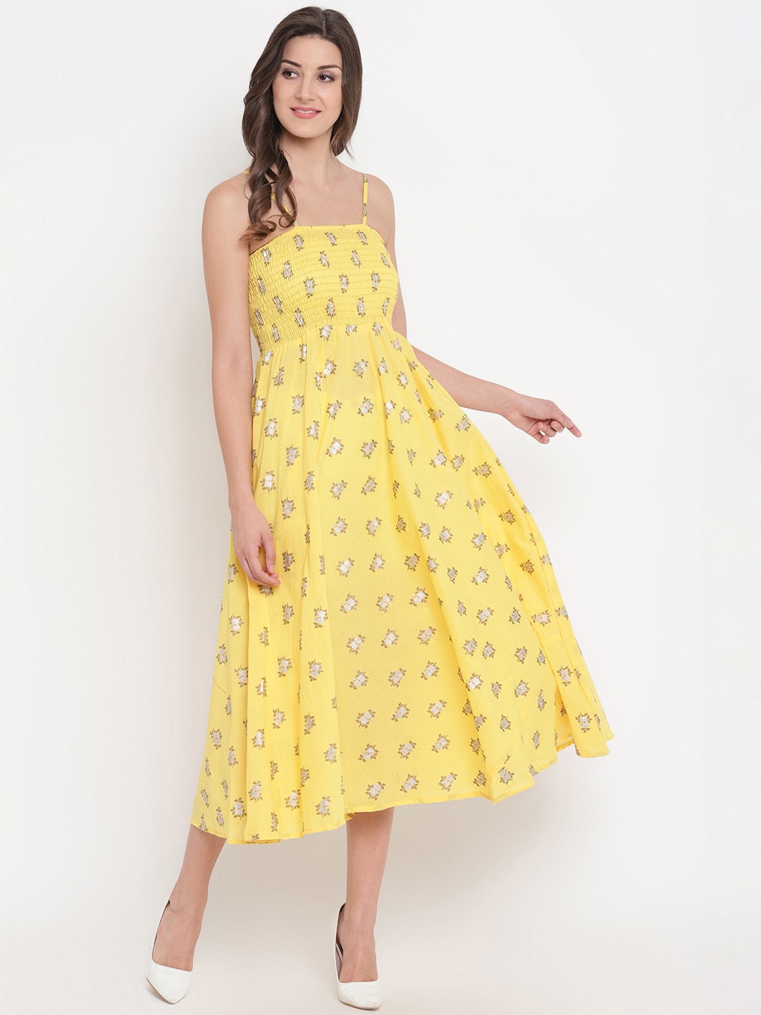 

Aawari Women Yellow Printed Cotton Gown Dress