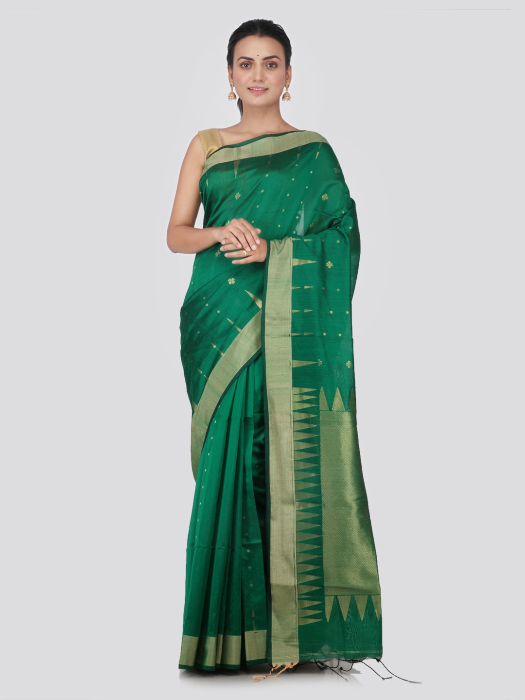

PinkLoom Green & Gold-Toned Cotton Blend Woven Design Handloom Sustainable Saree