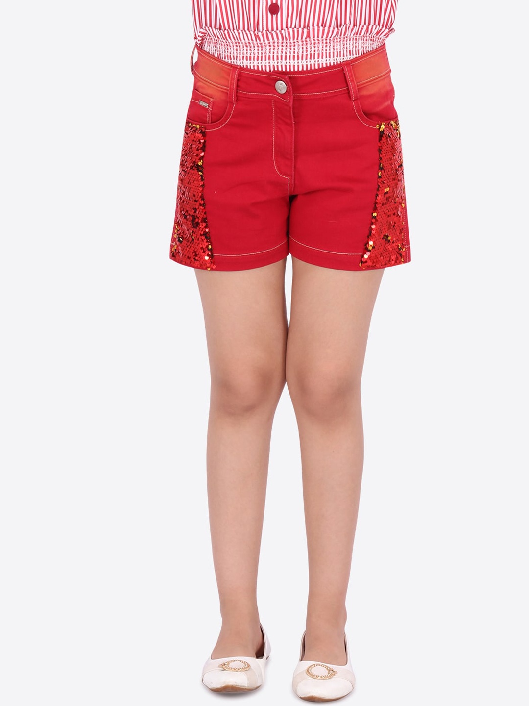 

CUTECUMBER Girls Red Solid Regular Fit Denim Shorts
