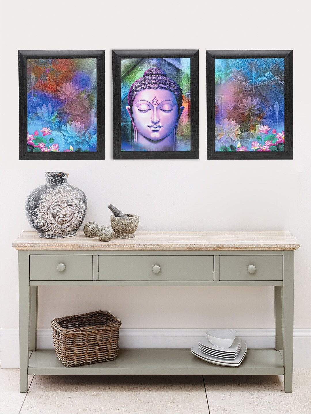 

Indianara Set Of 3 Blue & Black Buddha & Lotus Framed Wall Arts