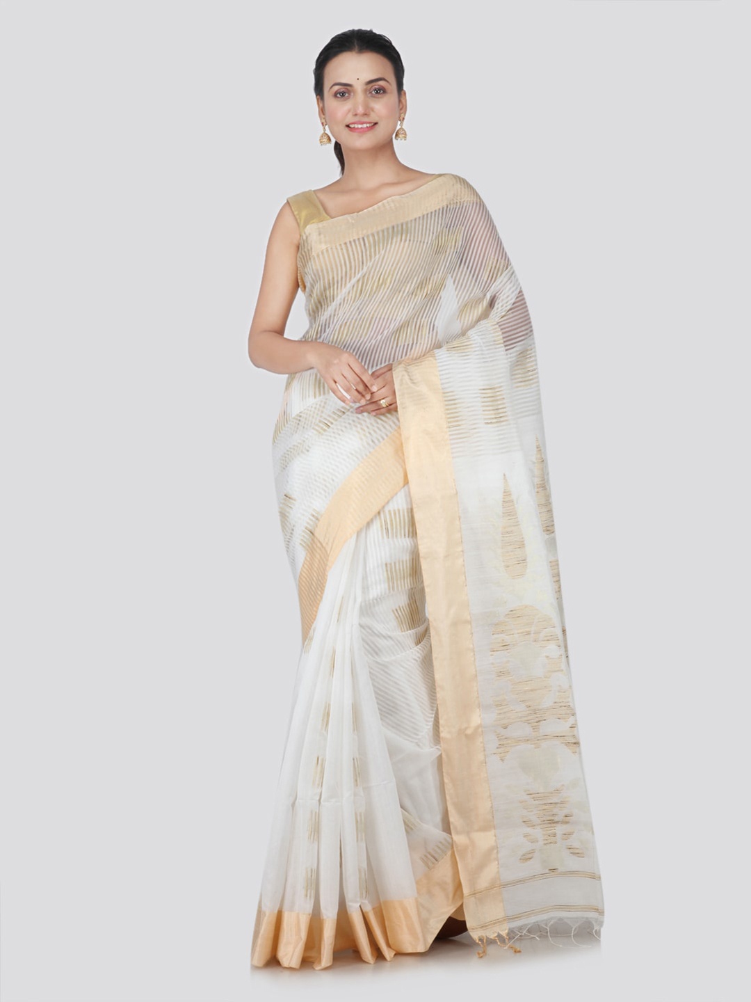 

PinkLoom White & Gold-Toned Cotton Blend Woven Design Sustainable Saree