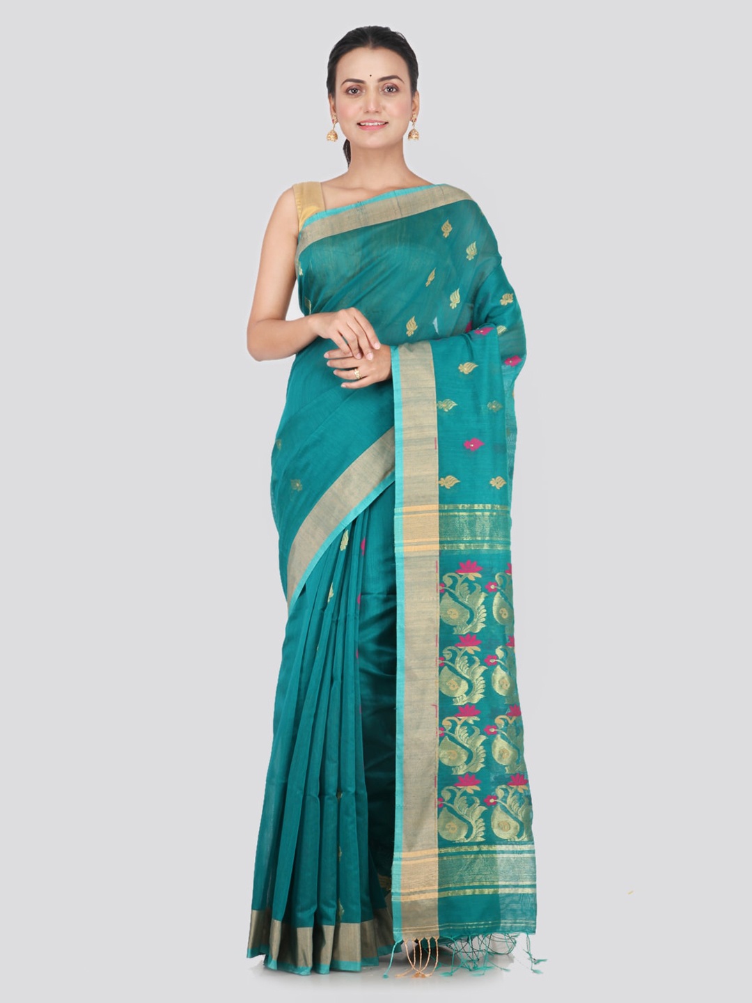 

PinkLoom Sea Green & Gold-Toned Cotton Blend Woven Design Saree