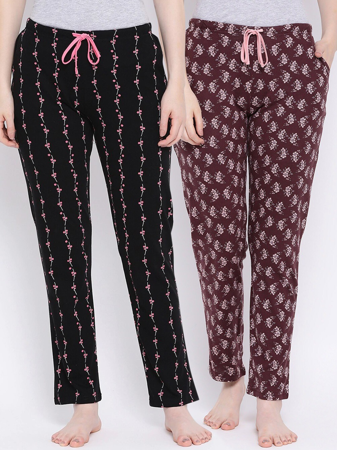 

Kanvin Women Pack Of 2 Printed Pure Cotton Lounge Pants PJ1055+PJ1080, Maroon