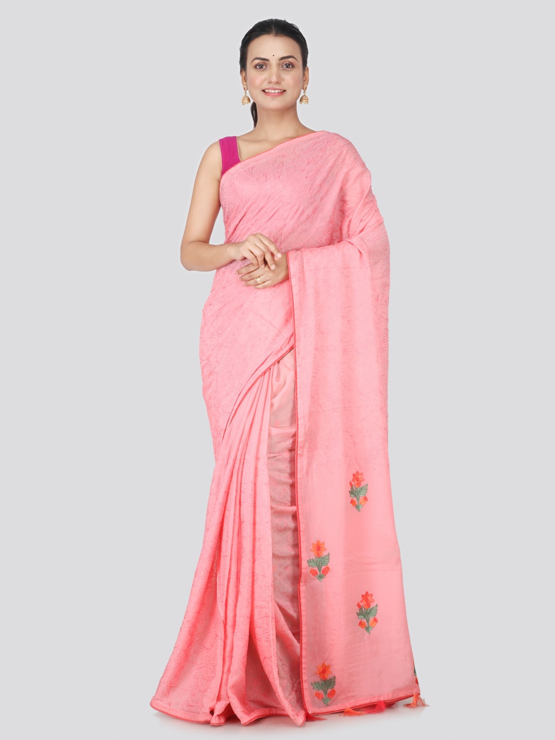 PinkLoom Pink & Green Pure Chiffon Embroidered Saree