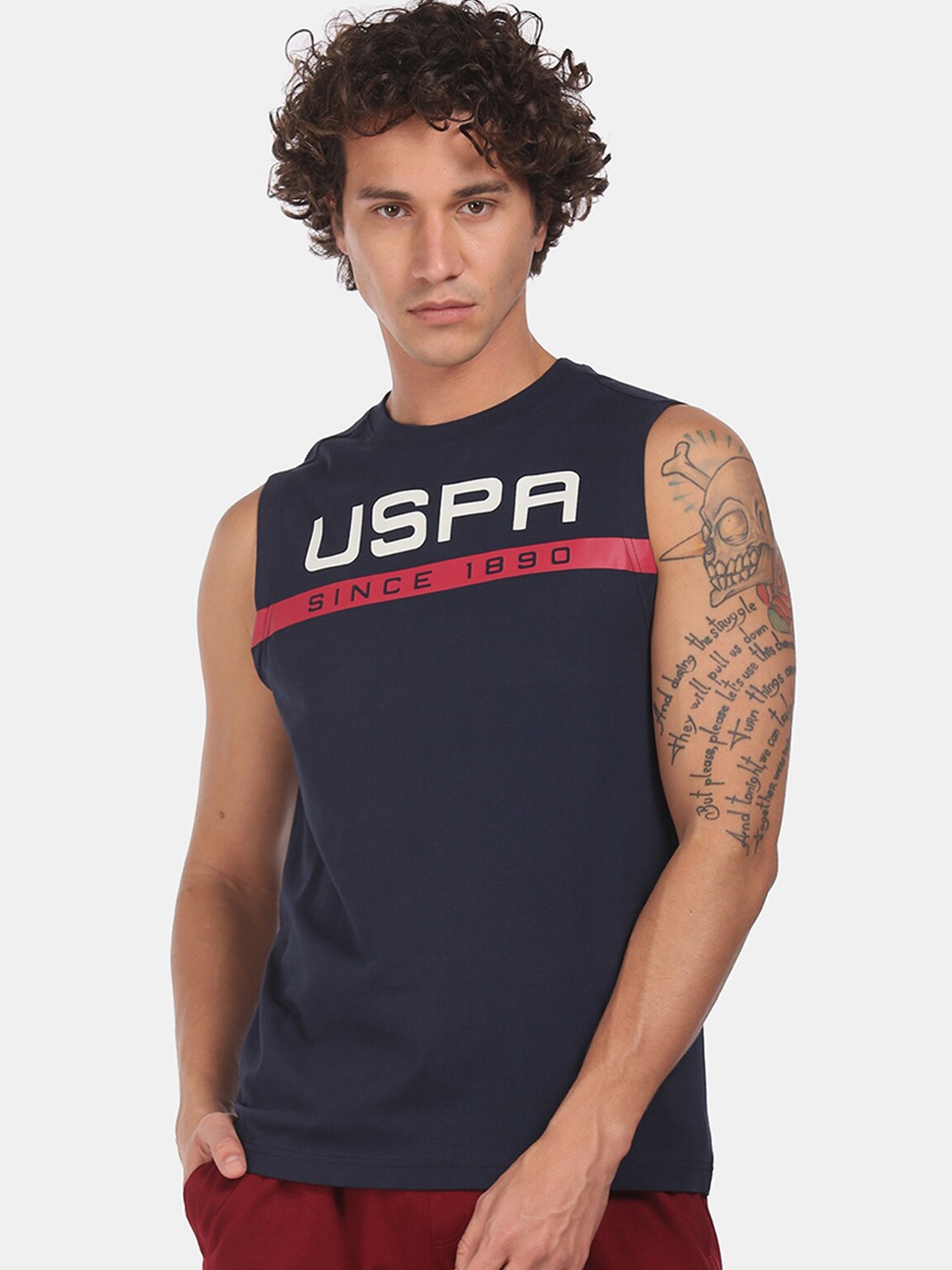 U.S. Polo Assn. Men Blue & White Brand Printed Cotton Lounge T-shirt