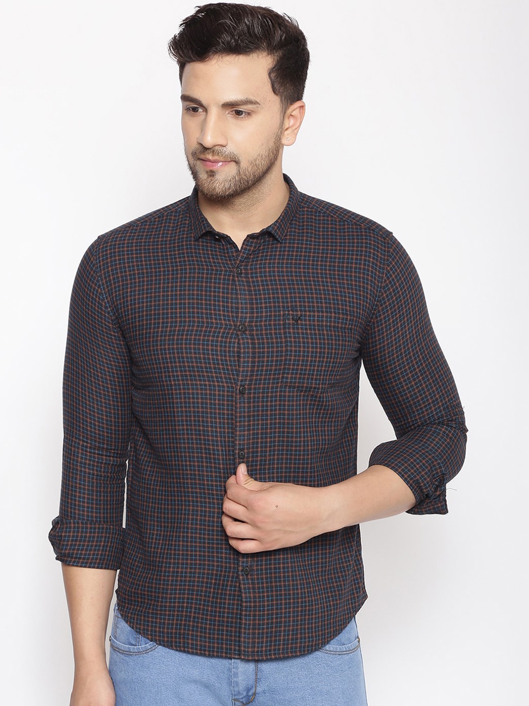 SHOWOFF Men Navy Blue & Brown Cotton Classic Slim Fit Checked Casual Shirt