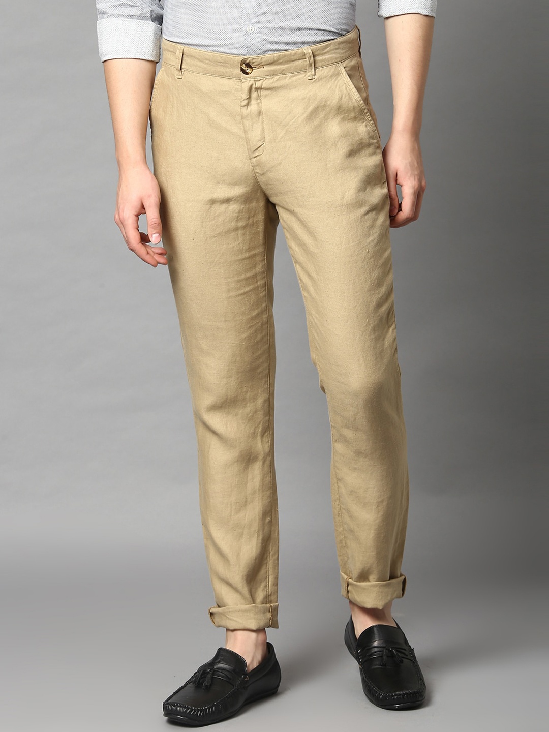 

HARSAM Men Khaki Slim Fit Solid Regular Trousers
