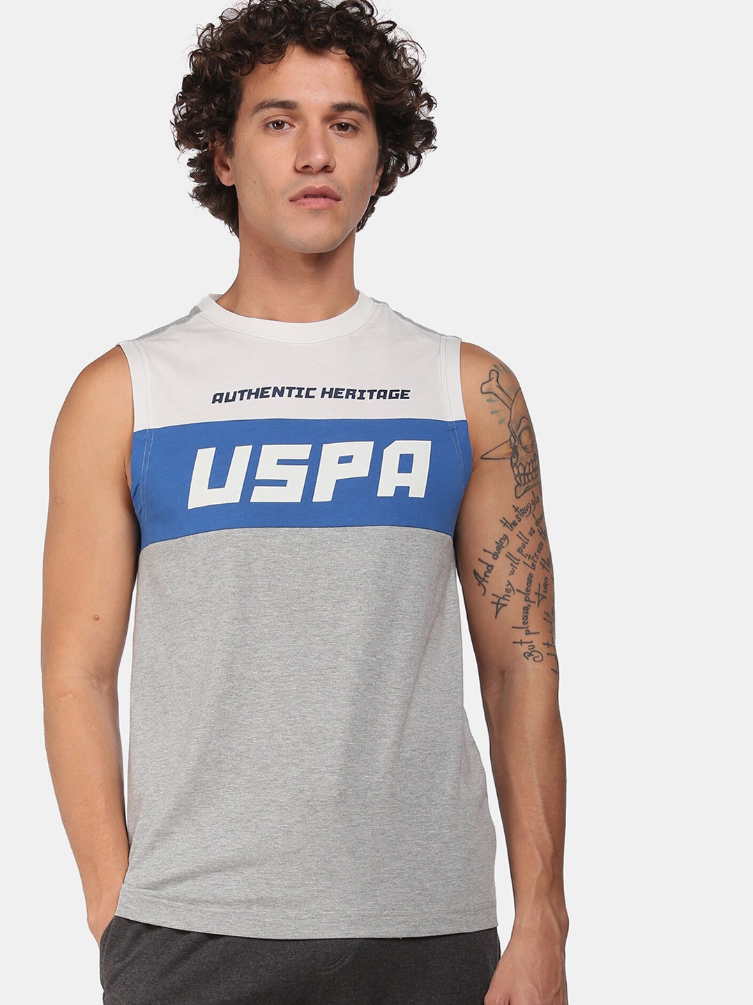 

U.S. Polo Assn. Men Grey & Blue Printed Cotton Lounge Muscle T-Shirt
