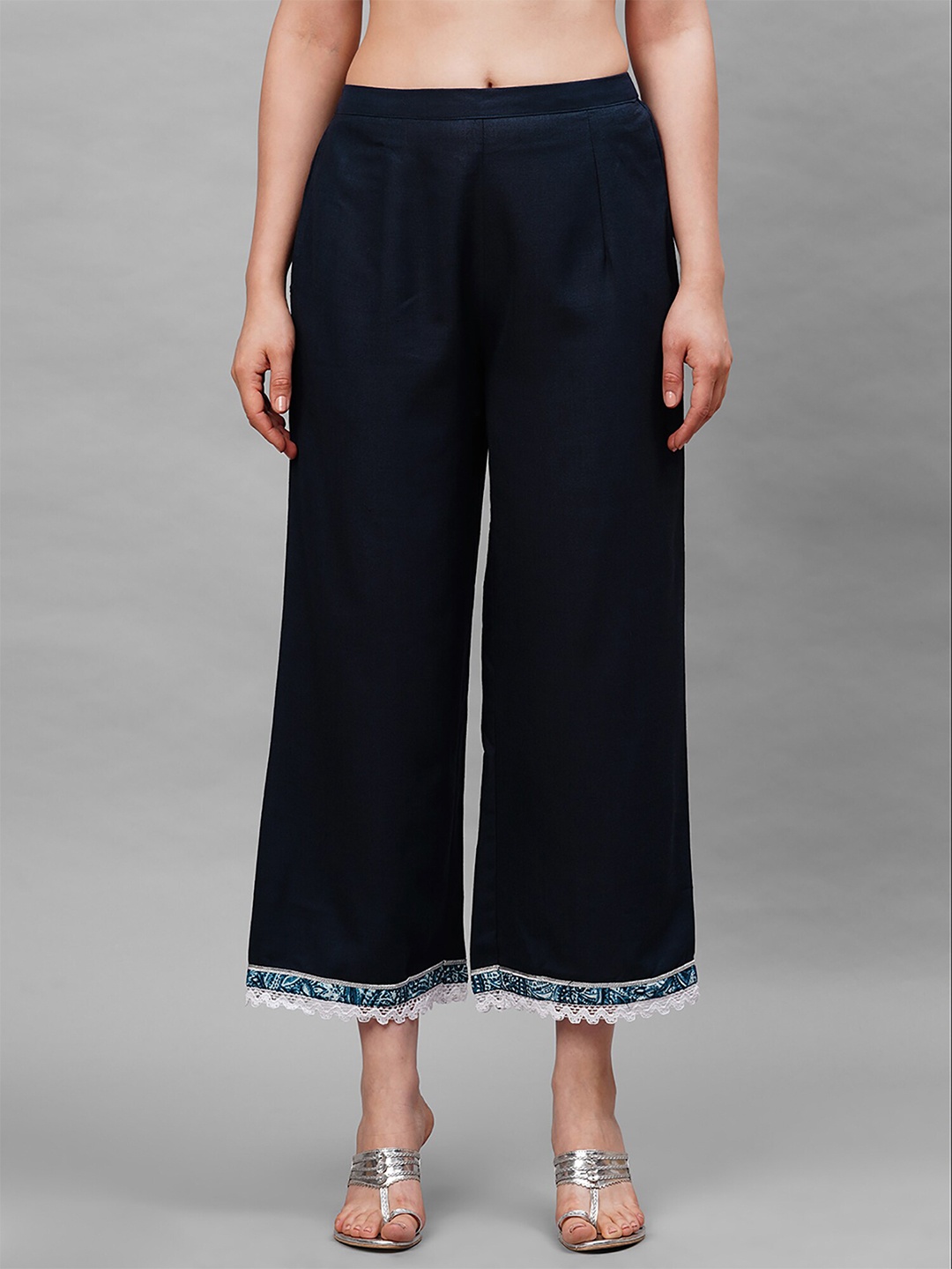 

Indo Era Women Navy Blue Hem Design Straight Palazzos