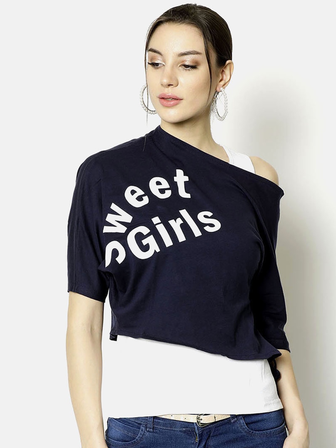 

V2 Value & Variety Set Of 2 Navy Blue & White Off-Shoulder Regular Tops
