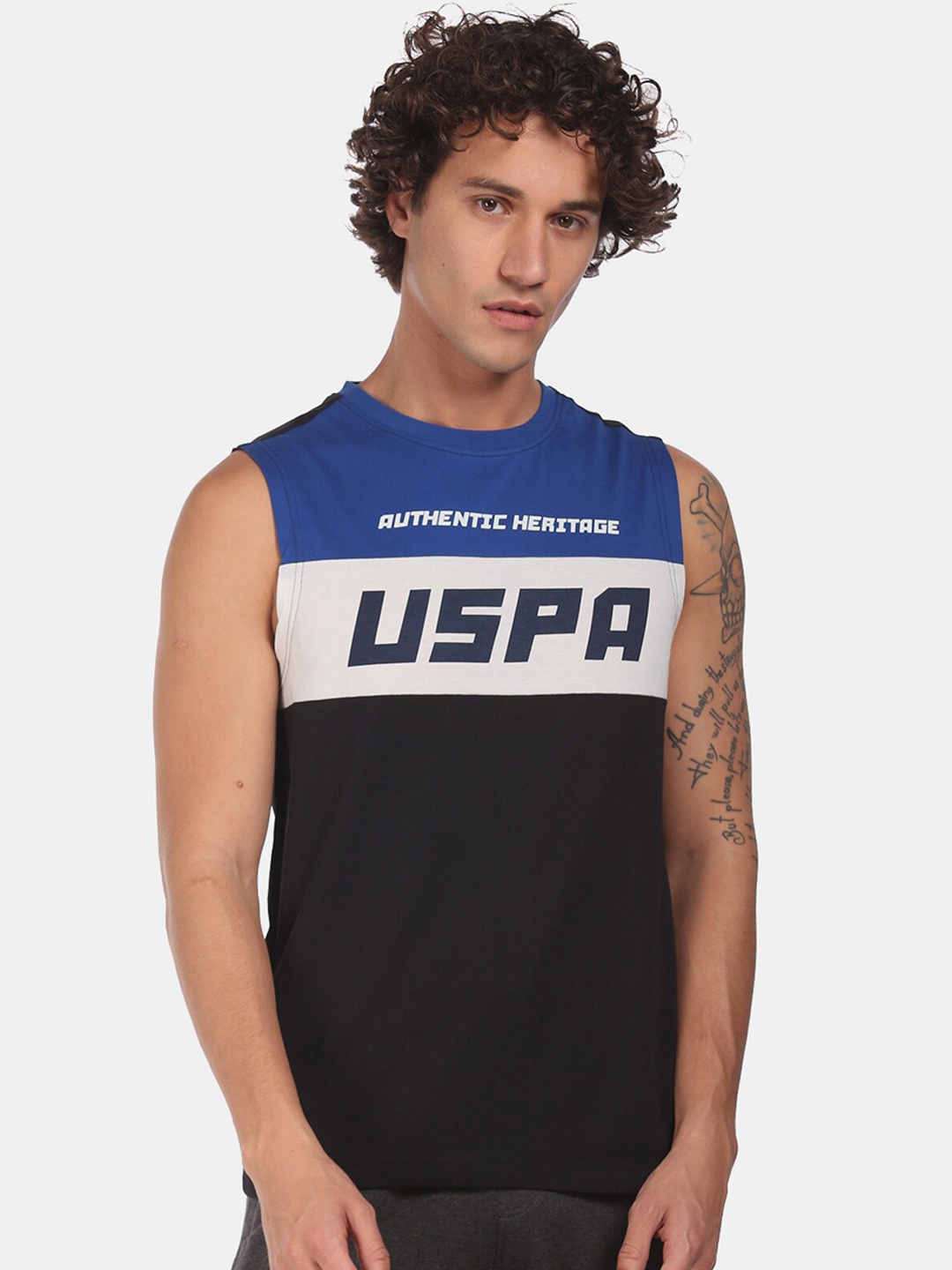 

U.S. Polo Assn. Men Blue & Black Brand Printed Cotton Lounge Tank T-shirt