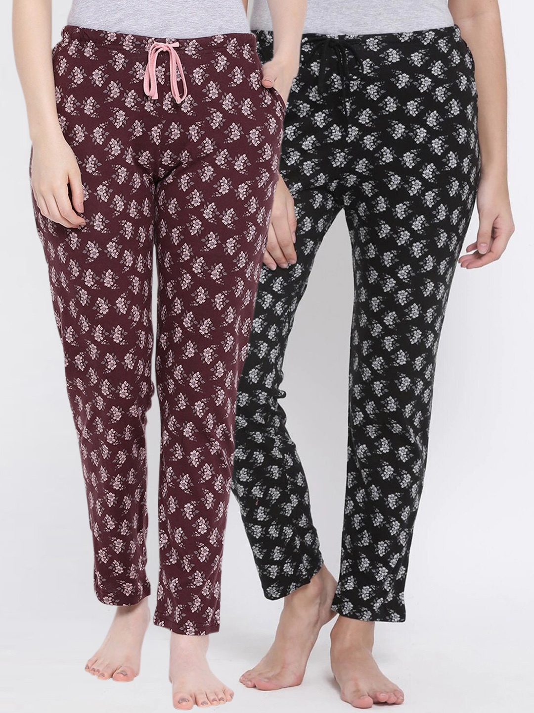 

Kanvin Women Pack Of 2 Printed Cotton Lounge Pants, Maroon