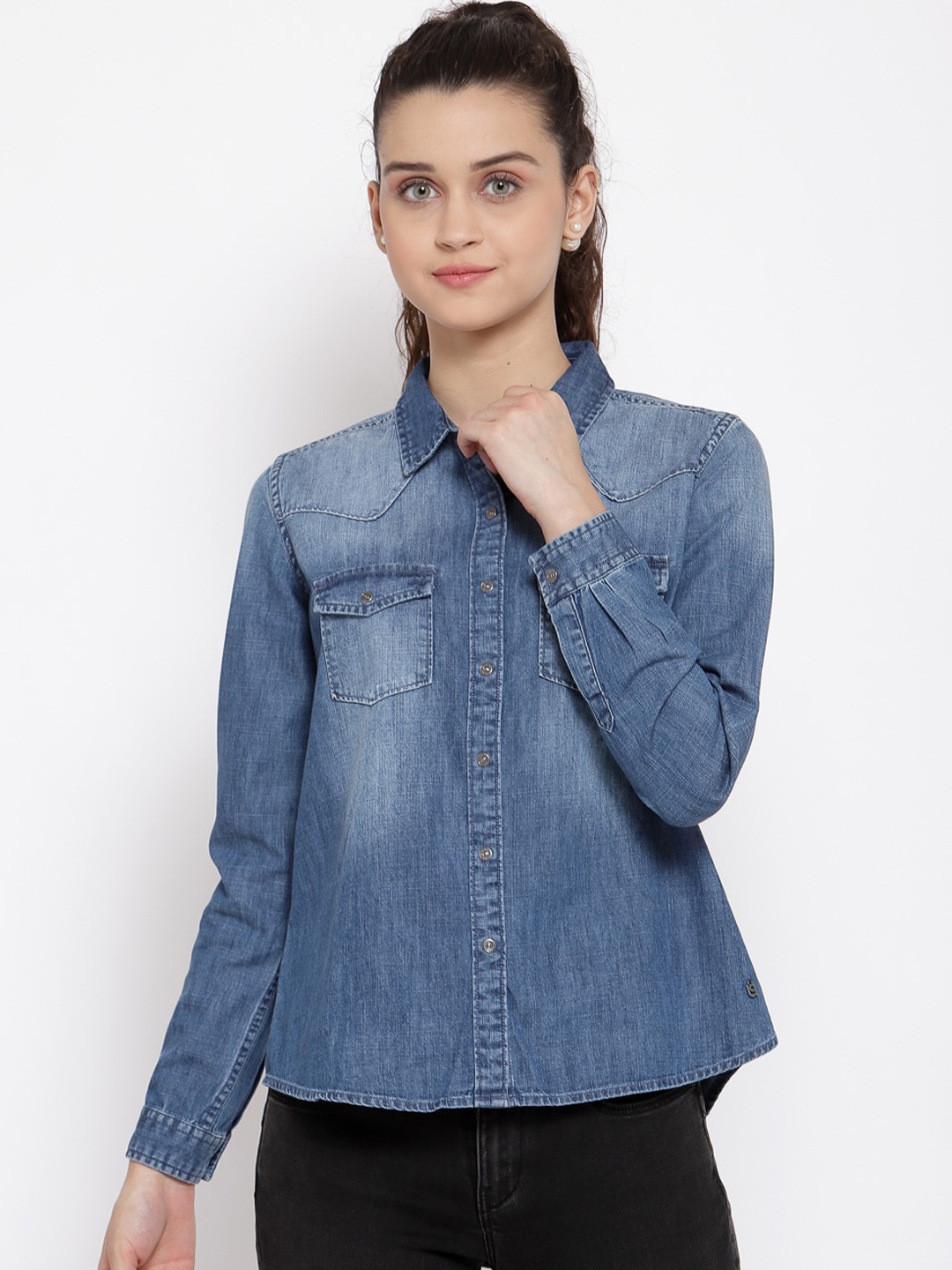

Pepe Jeans Women Blue Regular Fit Faded Denim Casual Shirt