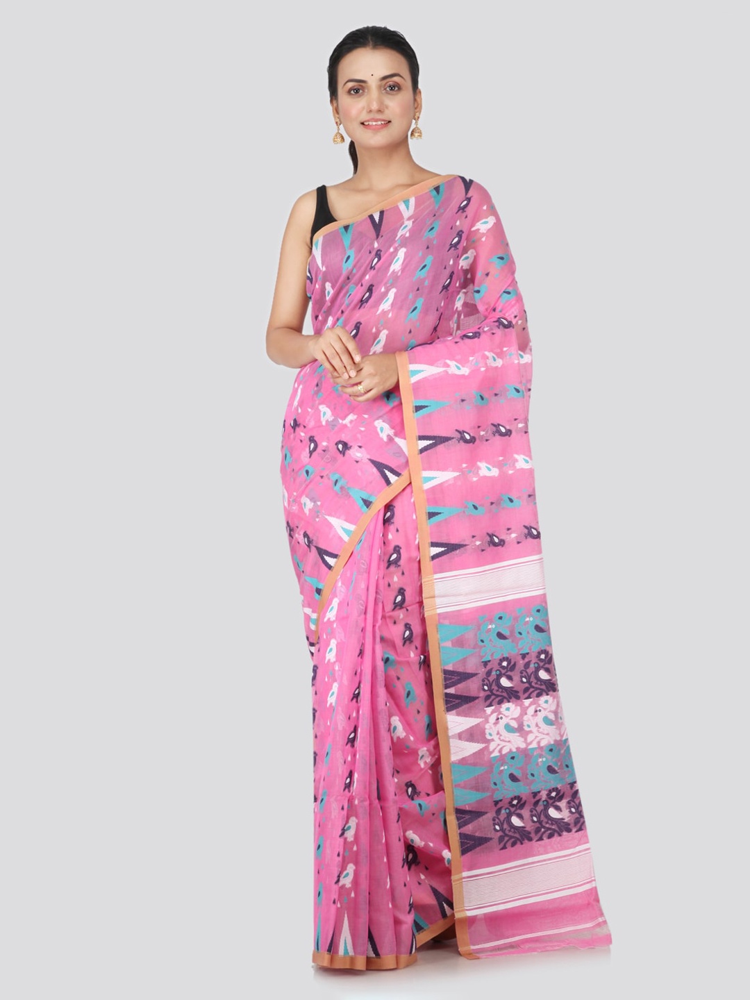 

PinkLoom Pink & Blue Pure Cotton Woven Design Jamdani Sustainable Saree