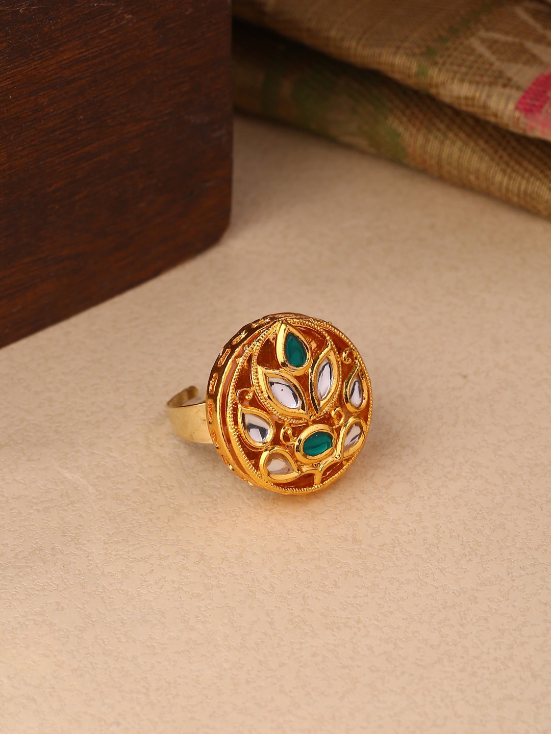 Shoshaa Gold-Plated Green & White Meenakari Stone-Studded Finger Ring