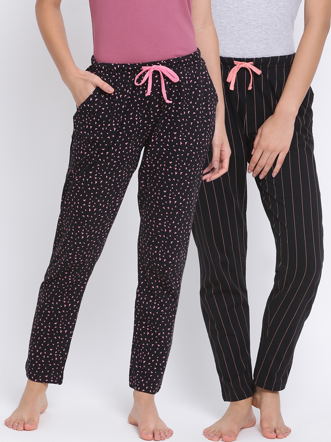 

Kanvin Women Pack Of 2 Printed Pure Cotton Lounge Pants PJ1116+PJ1124, Black