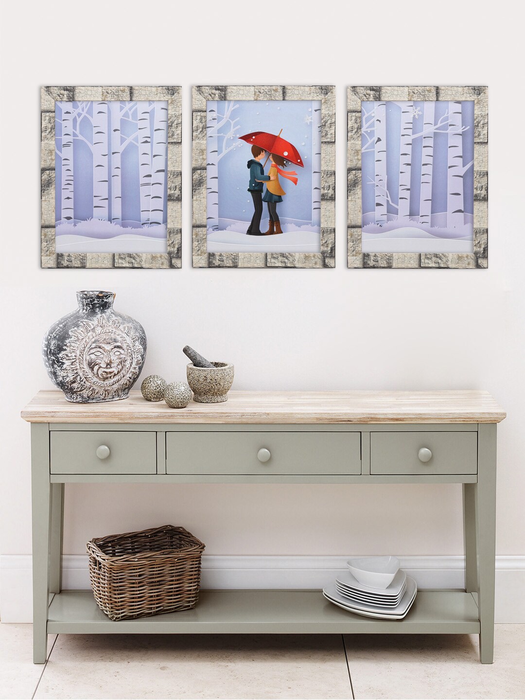 

Indianara Set Of 3 Blue & Red Couple With Umbrella Love Printed Framed Art Prints Without Glass