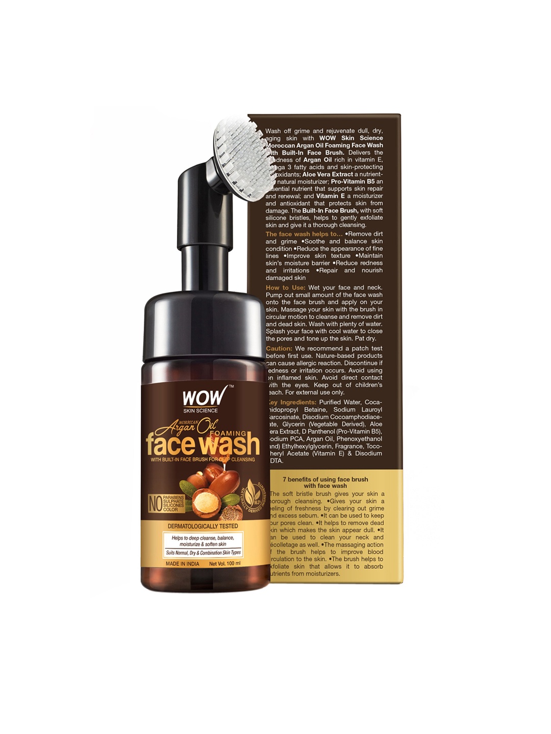 

WOW SKIN SCIENCE Unisex Moroccan Argan Oil Foaming Face Wash with Built-in Brush 100 ml, Brown
