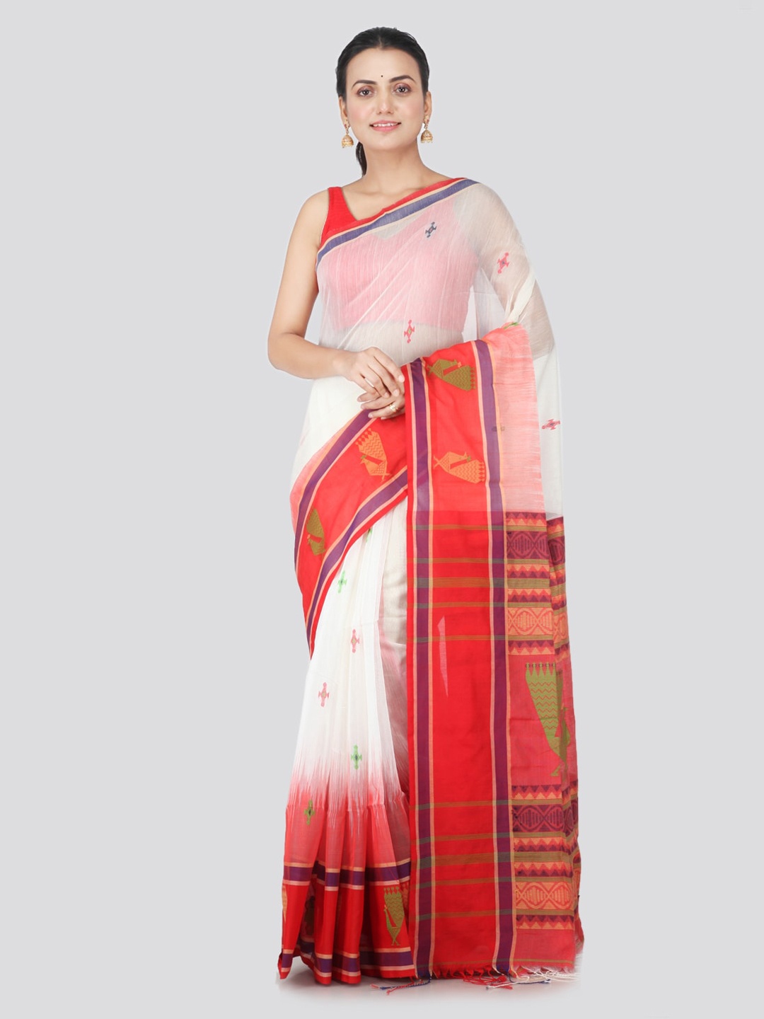 

PinkLoom White & Red Cotton Blend Woven Design Handloom Sustainable Saree