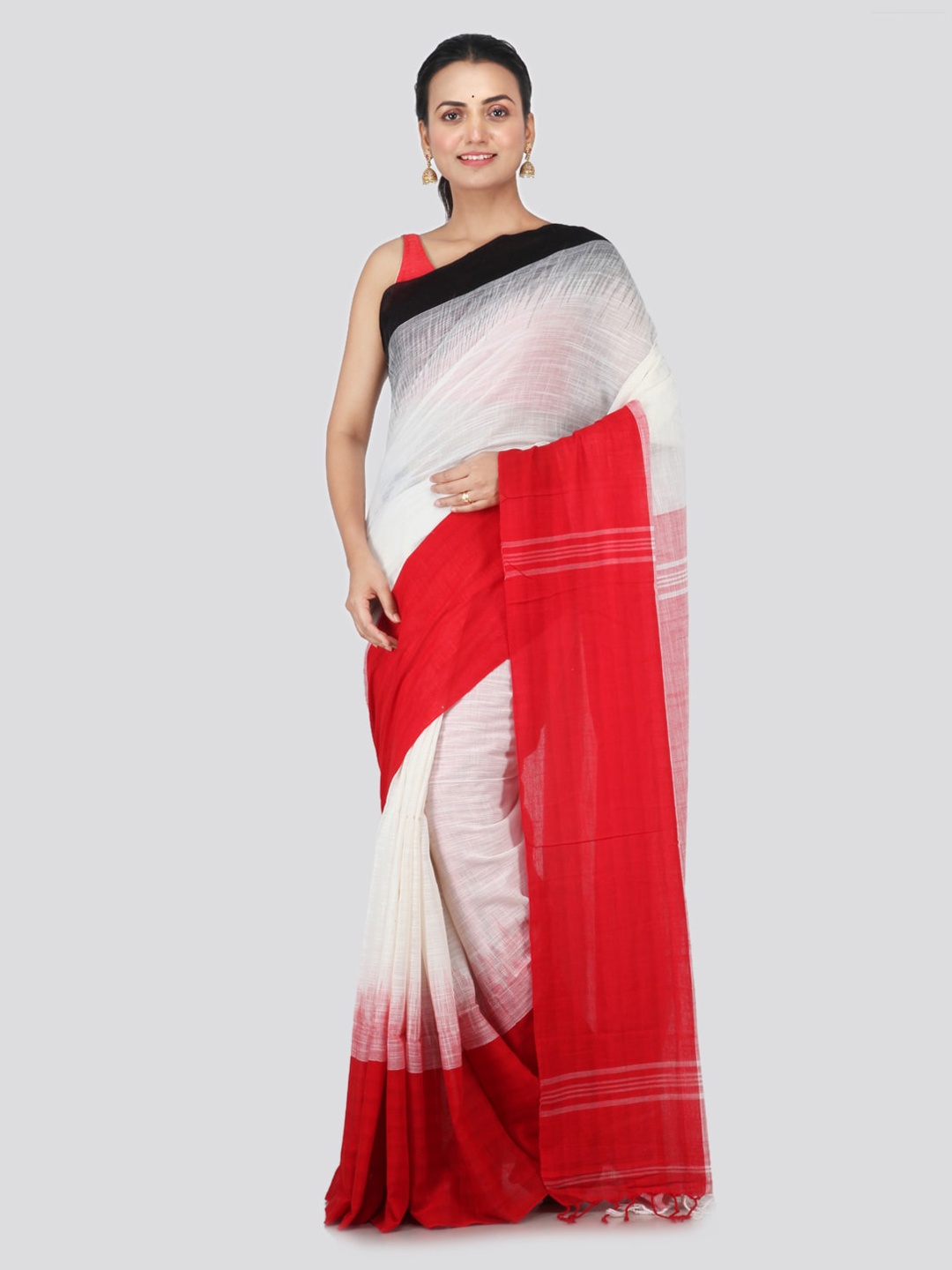 

PinkLoom White & Red Pure Cotton Solid Handloom Sustainable Saree