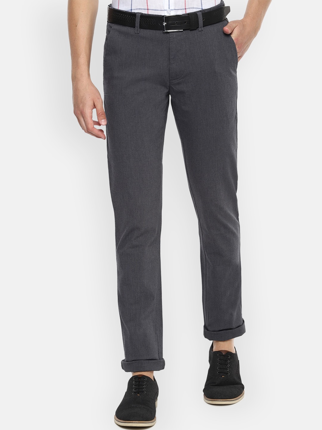 

V Dot Men Grey Slim Fit Self Design Regular Trousers