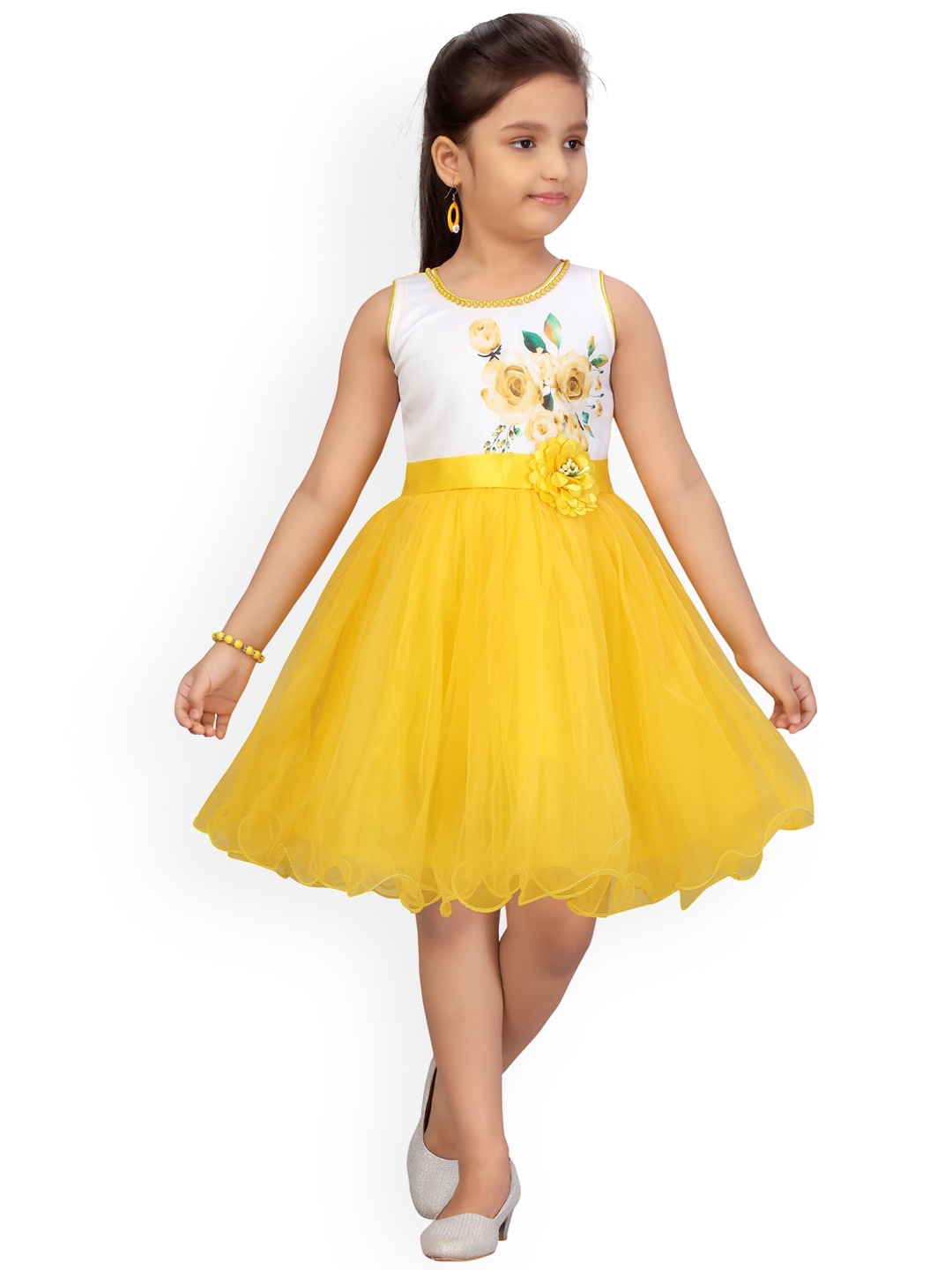 

Aarika Girls Yellow Printed Fit and Flare Dress