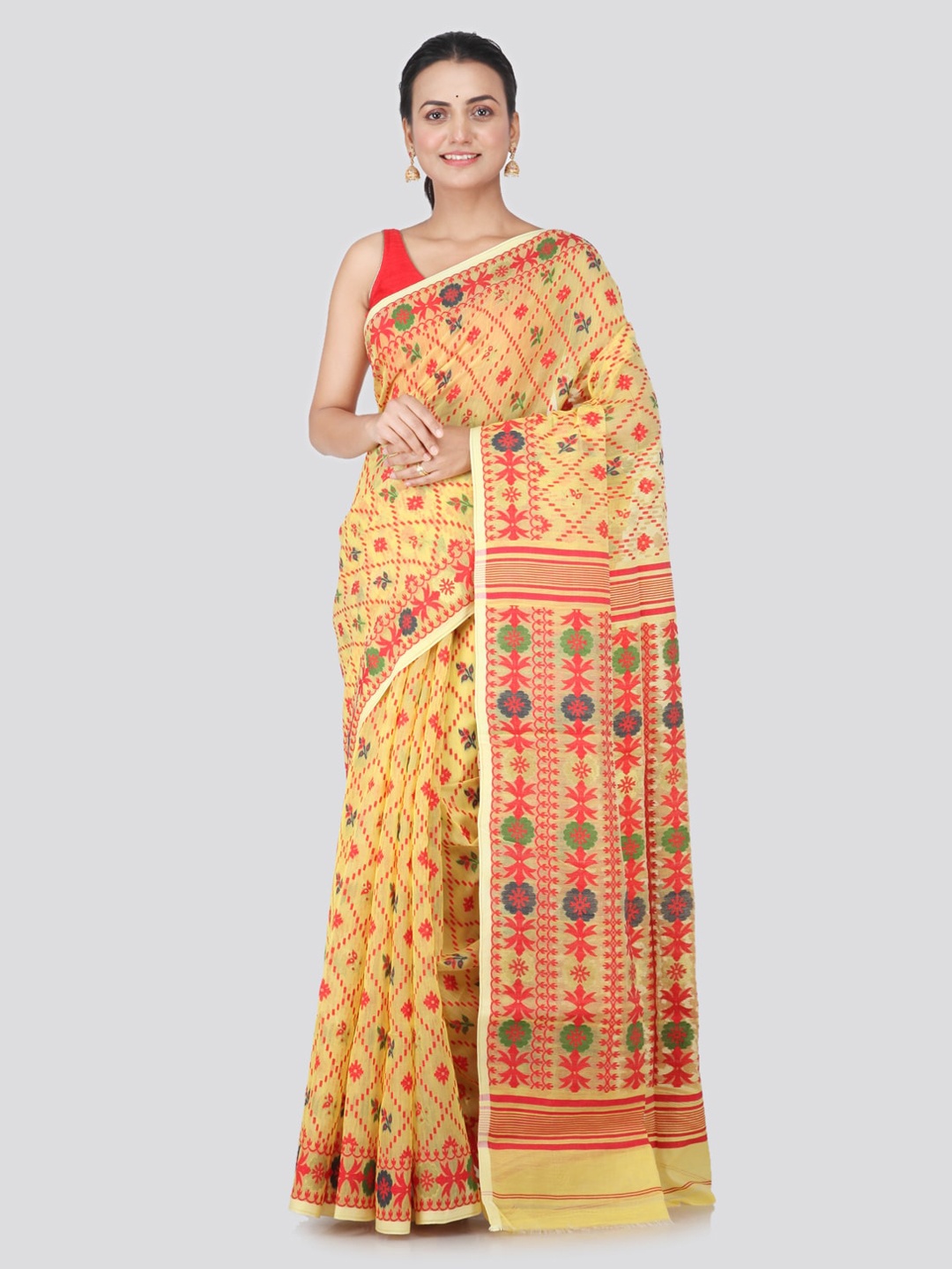 PinkLoom Yellow & Red Pure Cotton Woven Design Jamdani Saree
