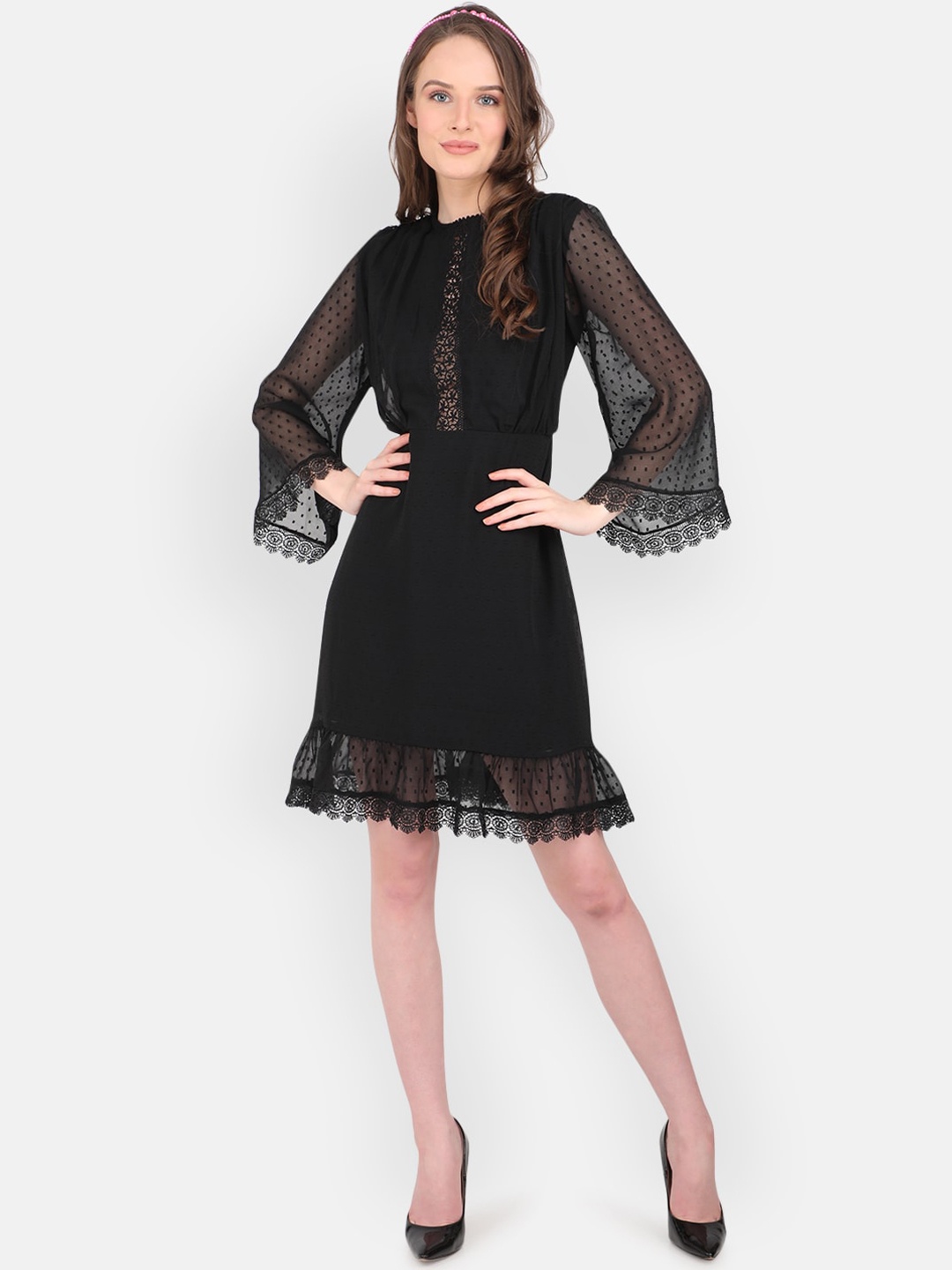 

MARC LOUIS Women Black Self Design Fit and Flare Dress