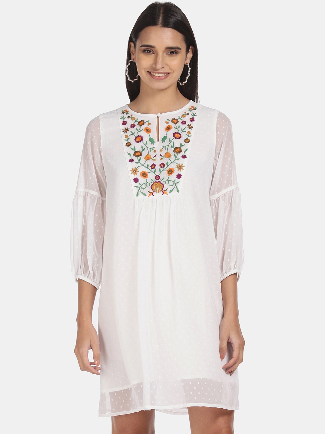 

Flying Machine Women White Embroidered A-Line Dress