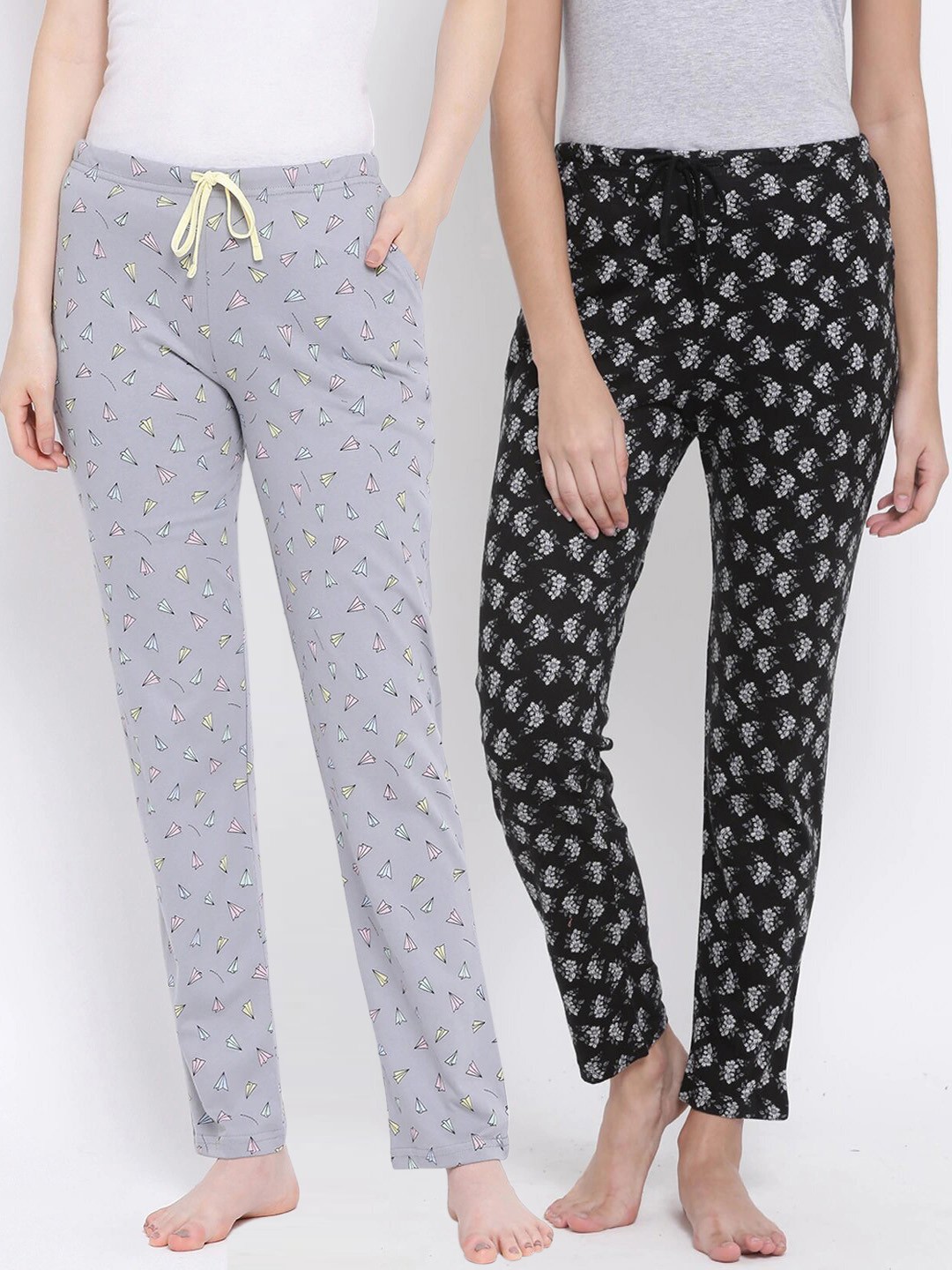 

Kanvin Women Pack Of 2 Printed Pure Cotton Lounge Pants PJ1069+PJ1121, Grey