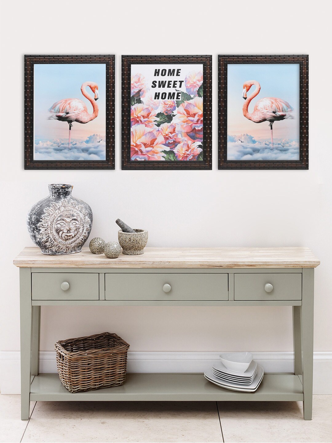 

Indianara Set Of 3 Blue & Pink Sweet Home Flamingoes Framed Art Prints Without Glass
