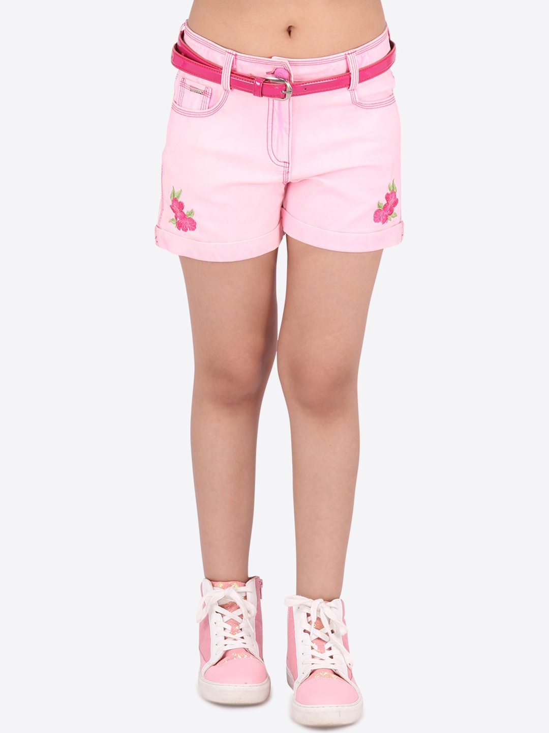 

CUTECUMBER Girls Pink Self Design Regular Fit Denim Shorts