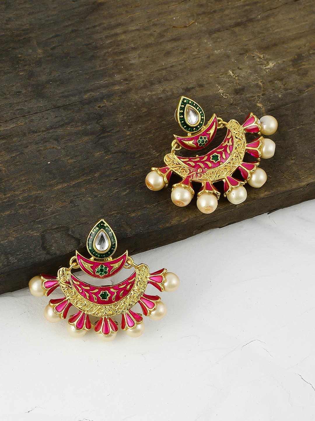 

Silvermerc Designs Gold-Plated & Pink Contemporary Kundan Meenakari Chandbalis