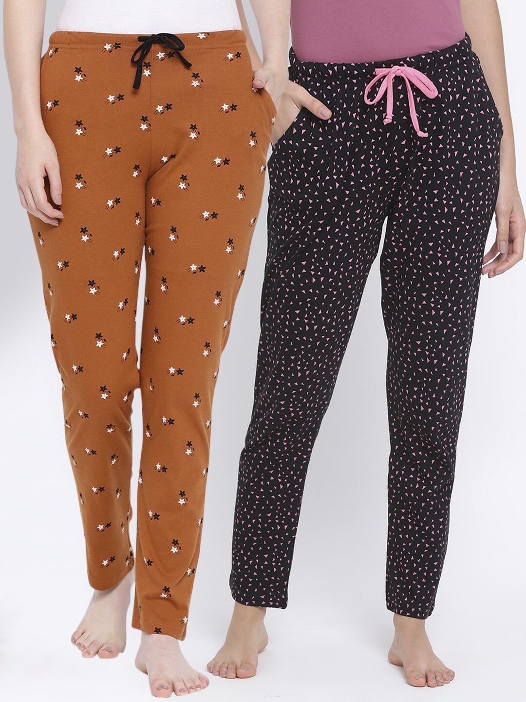 

Kanvin Women Pack Of 2 Printed Pure Cotton Lounge Pants PJ1123+PJ1124, Brown