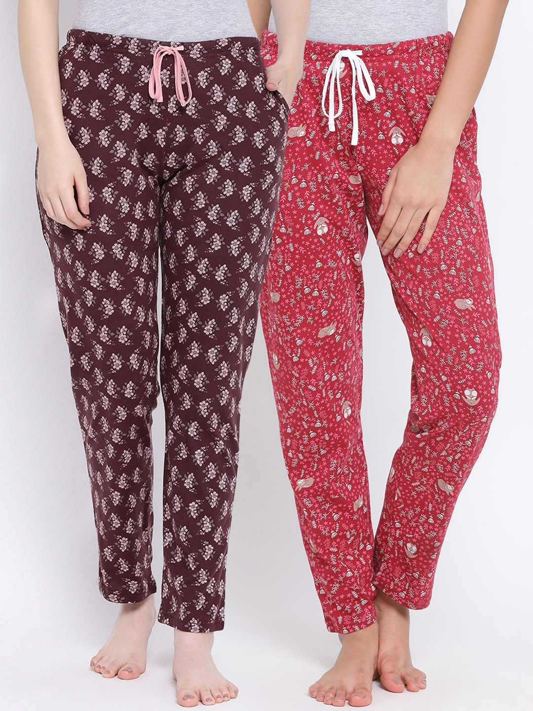 

Kanvin Women Pack Of 2 Brown & Red Printed Cotton Lounge Pants