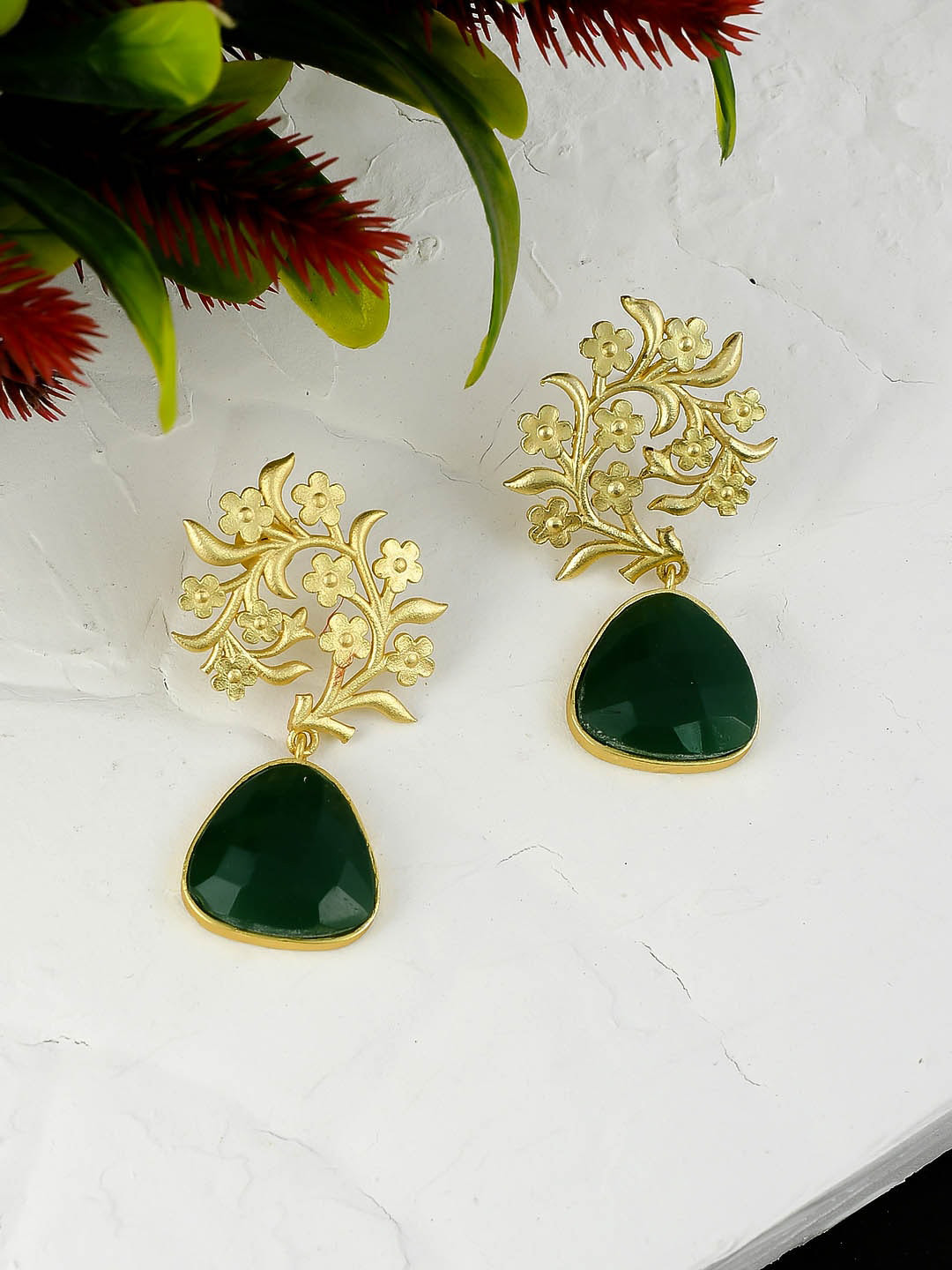 

Silvermerc Designs Gold-Plated & Green Geometric Drop Earrings