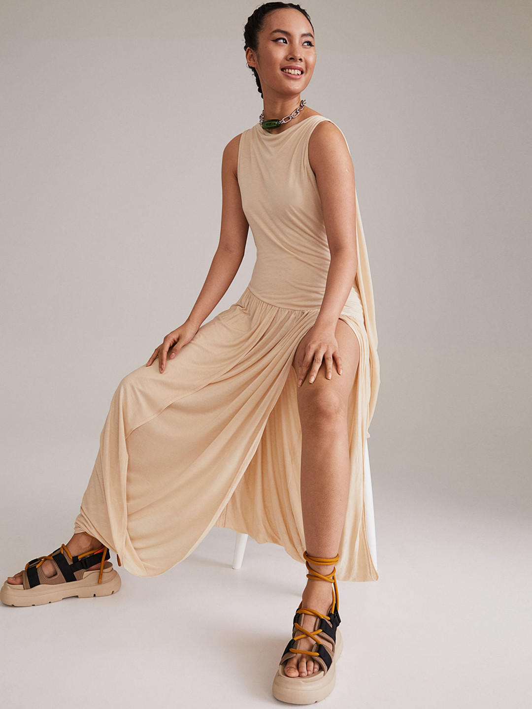 

H&M Women Beige Draped Dress