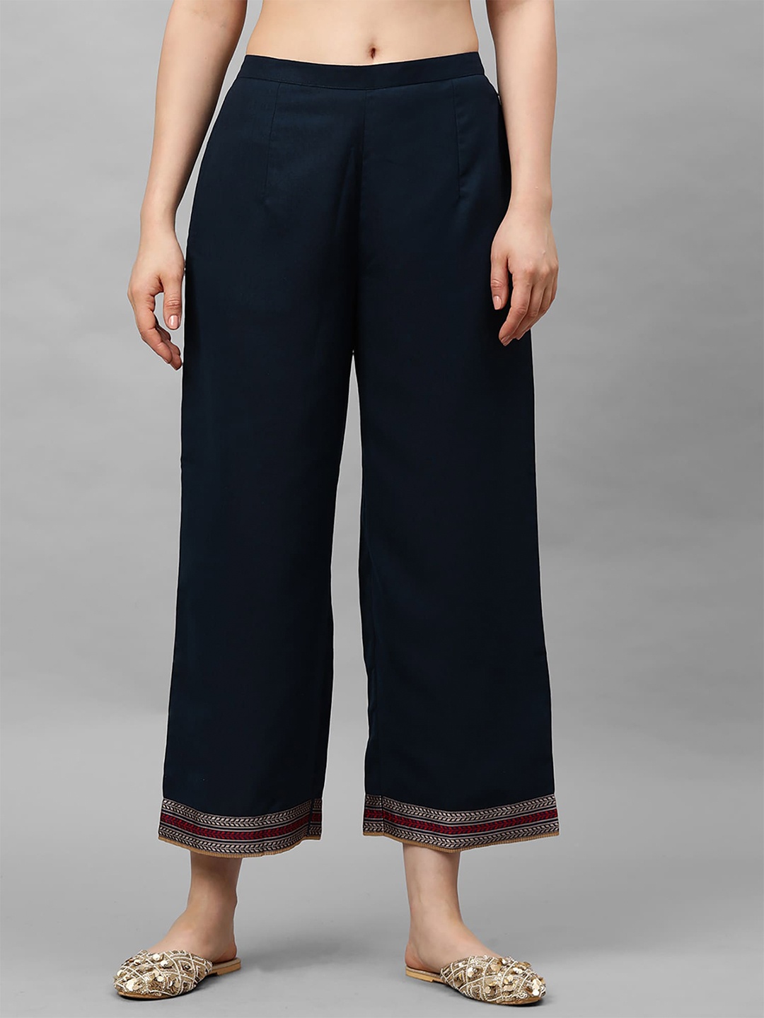 

Indo Era Women Navy Blue Hem Design Straight Palazzos