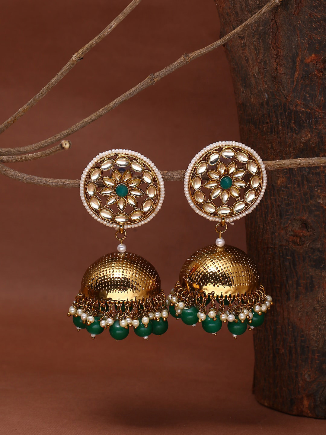 

Shoshaa Gold-Plated & Green Dome Shaped Jhumkas