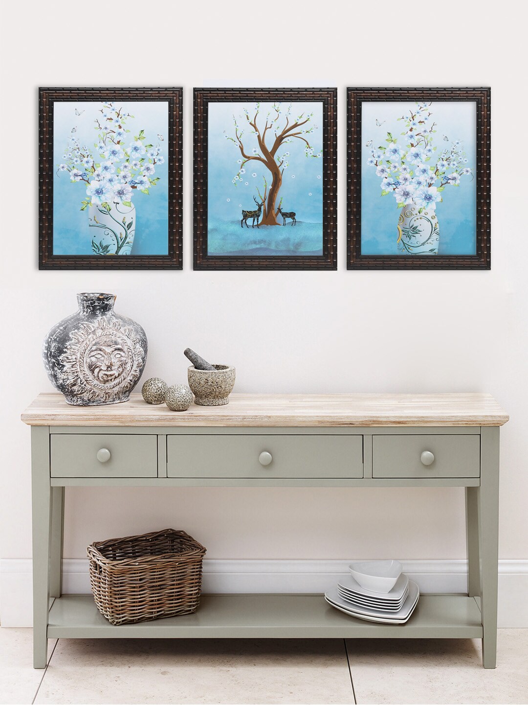 

Indianara Set Of 3 Blue & Brown Deer Trees Vases Framed Wall Arts