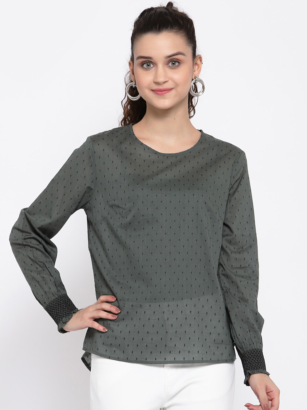 

Pepe Jeans Women Olive Green Polka Dots Printed Regular Top