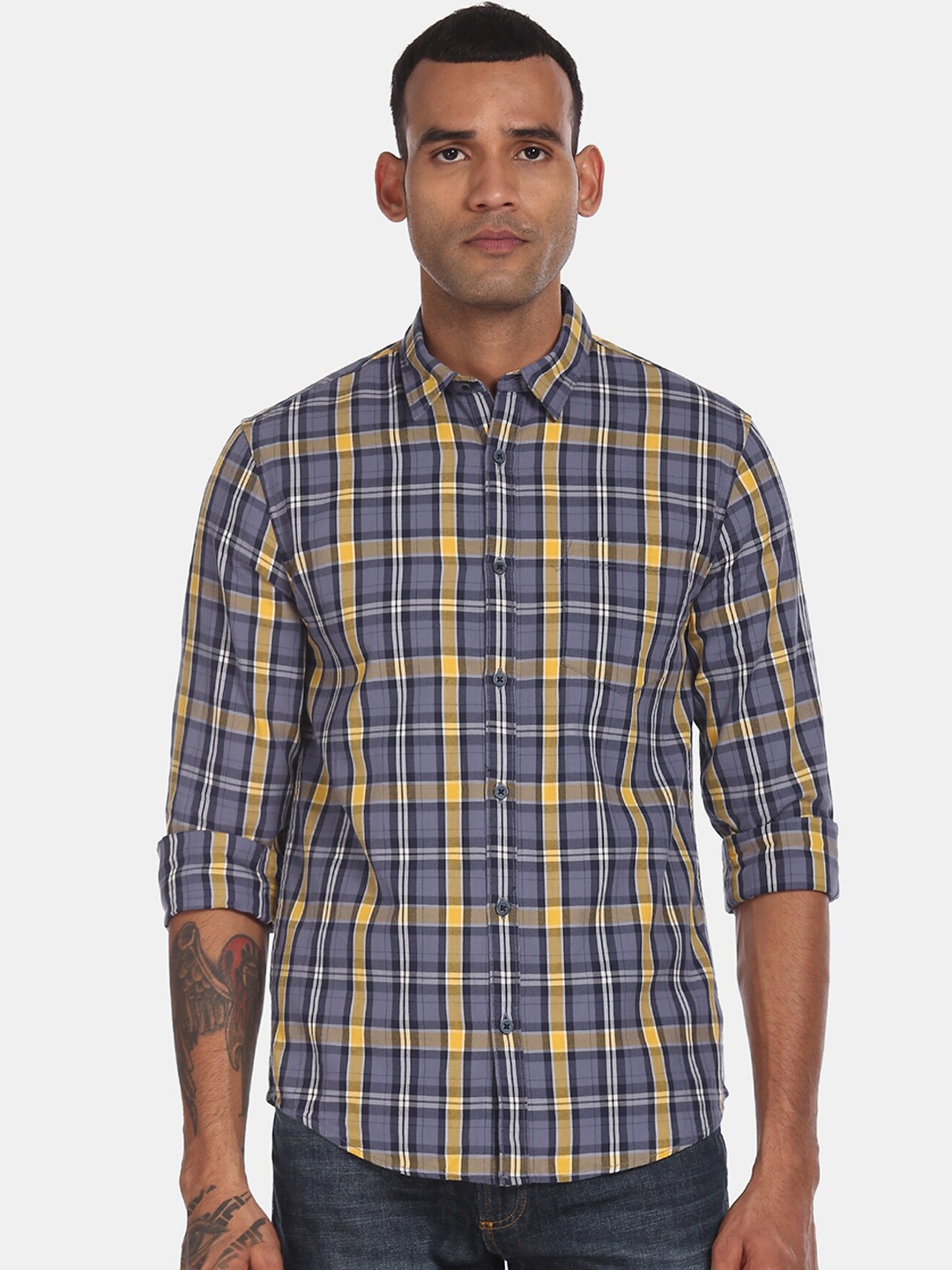 

Ruggers Men Purple & Yellow Regular Fit Checked Cotton Casual Shirt